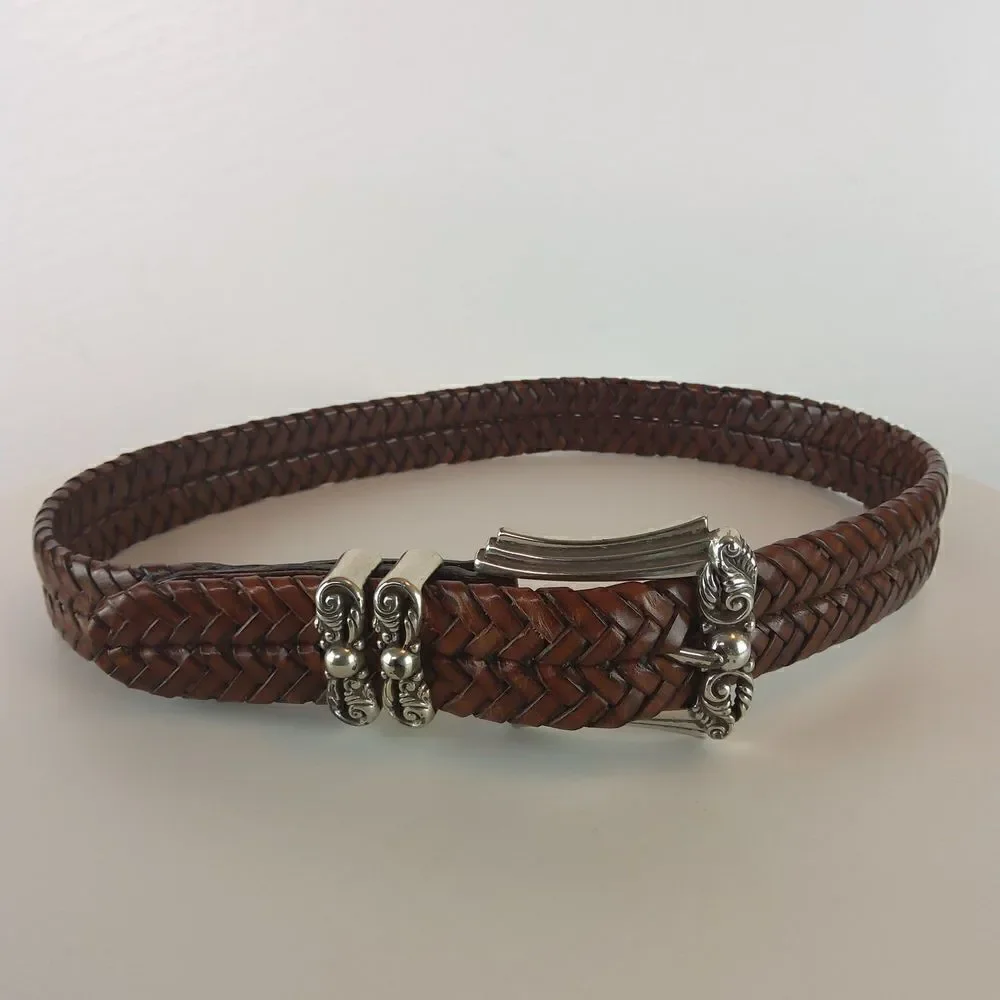 Brighton brown weaved leather belt with decorative silver buckle SZ. S/28